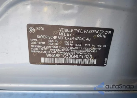 2016 BMW 320I z USA, uszkodzony, nr VIN WBA8E1G53GNU10328